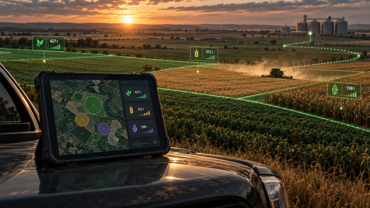 Tablet con un mapa satelital de chacras sobre el capó de una camioneta, frente a campos en cosecha con una cosechadora y silos al atardecer