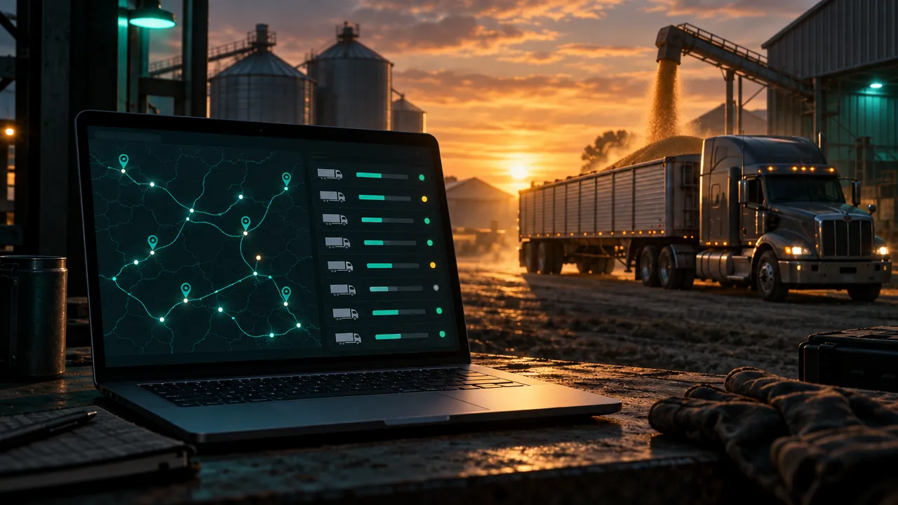 Notebook con un tablero de camiones y un mapa, frente a un camión que carga granos al atardecer
