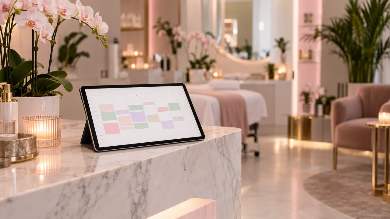 Tablet con una agenda de turnos sobre el mostrador de mármol de un centro de estética