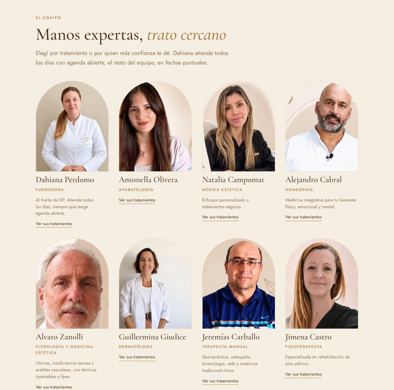 Equipo. Cada profesional con su foto y su especialidad.