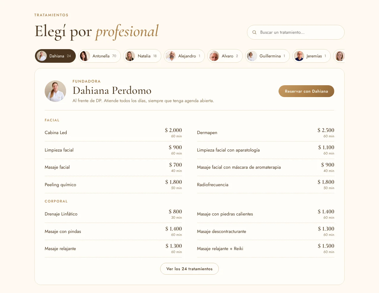 Tratamientos. Precios por profesional y por categoría.