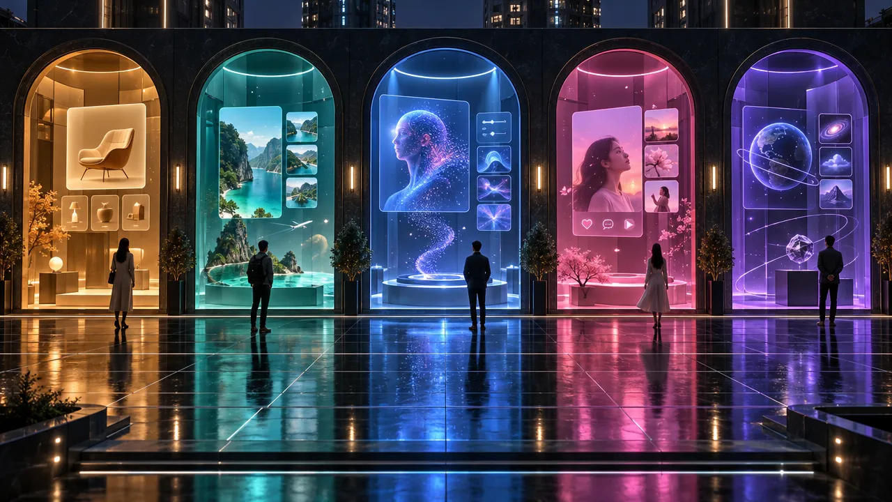 Cinco vitrinas iluminadas en ámbar, turquesa, azul, rosa y violeta, cada una con una app distinta