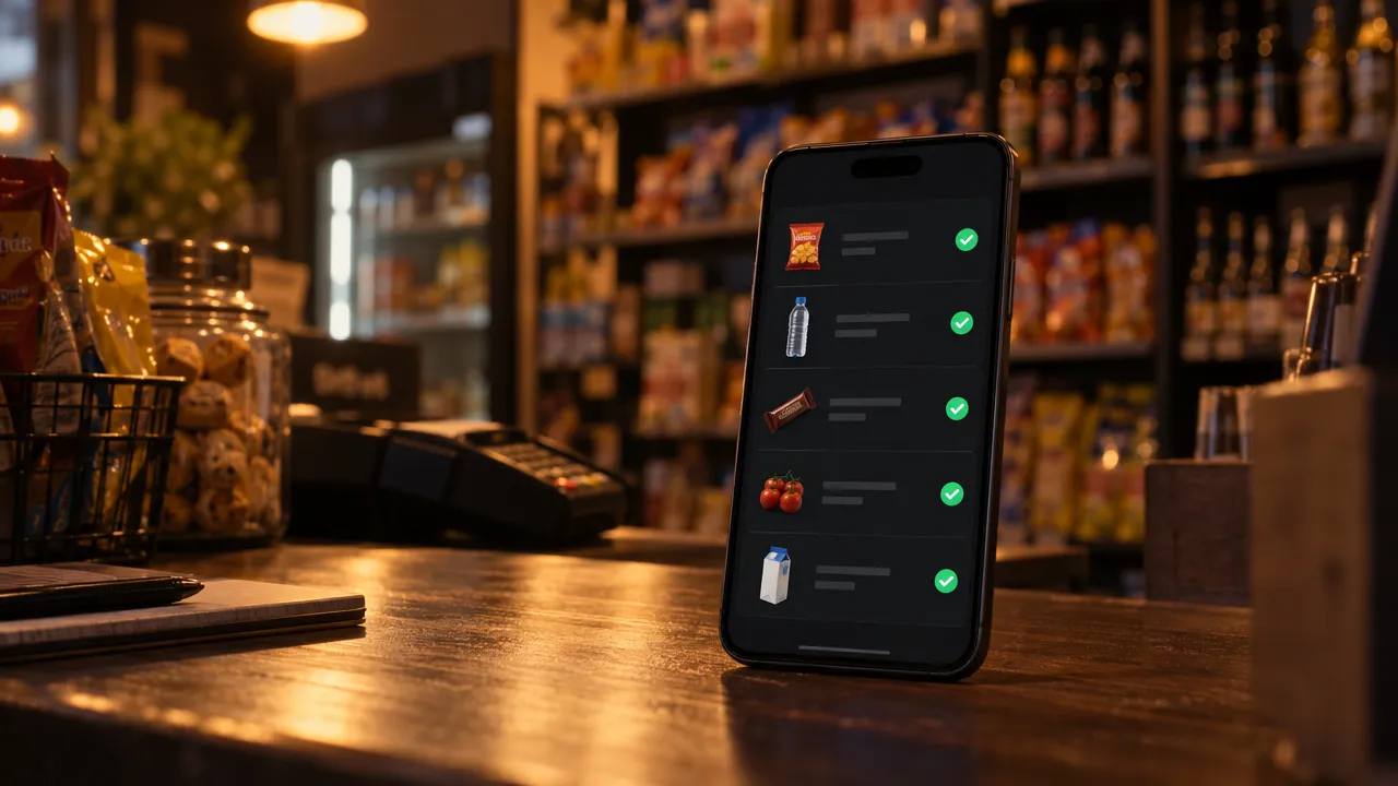 Celular con la lista de pedidos de un comercio sobre el mostrador, con estantes de productos detrás
