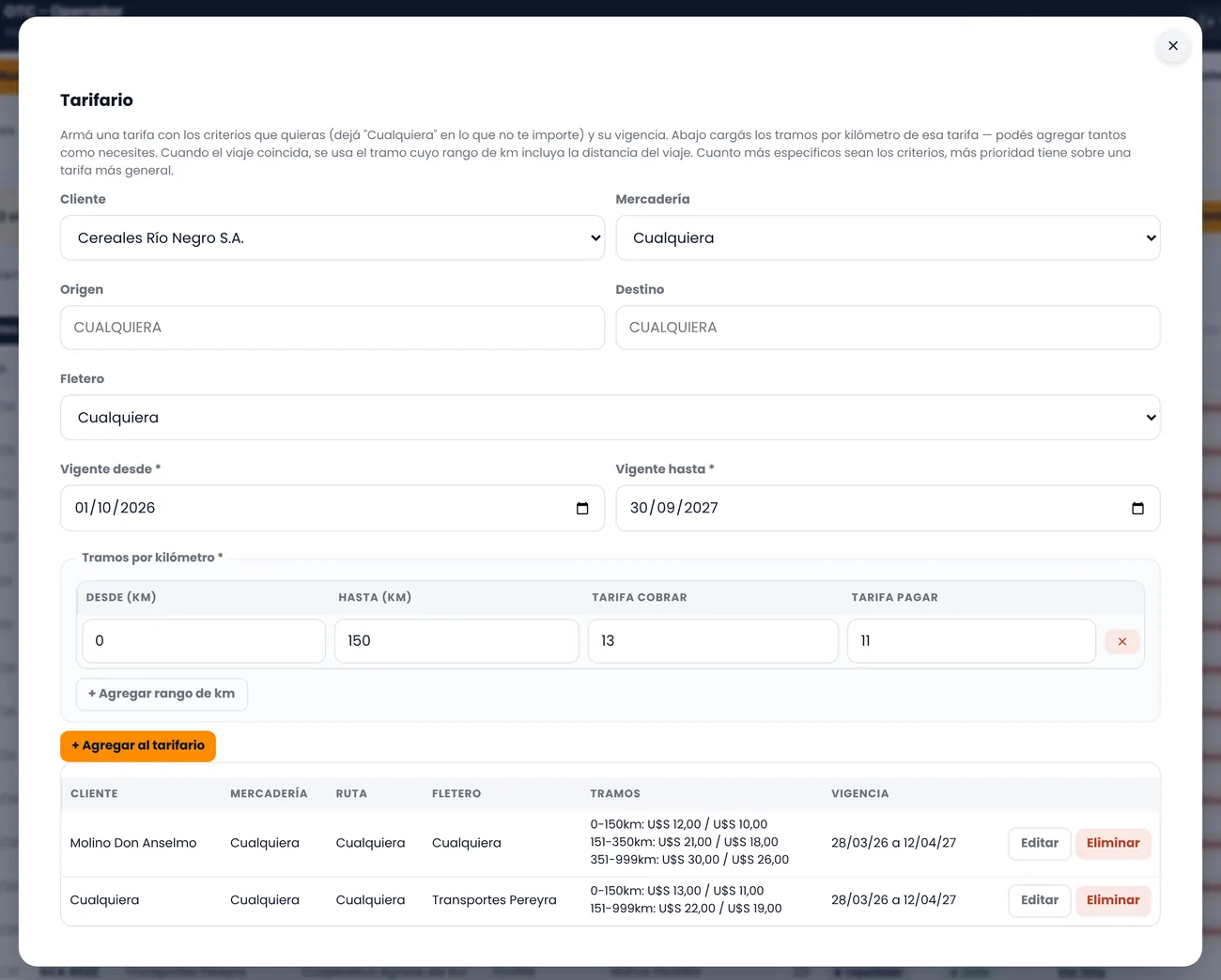 Tarifario. Vigencias y tarifas por cliente y mercadería.